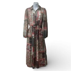 Boho Patchwork Long Sleeve Floral Abstract Pink Navy Midi Dress 8 Gypsy Prairie